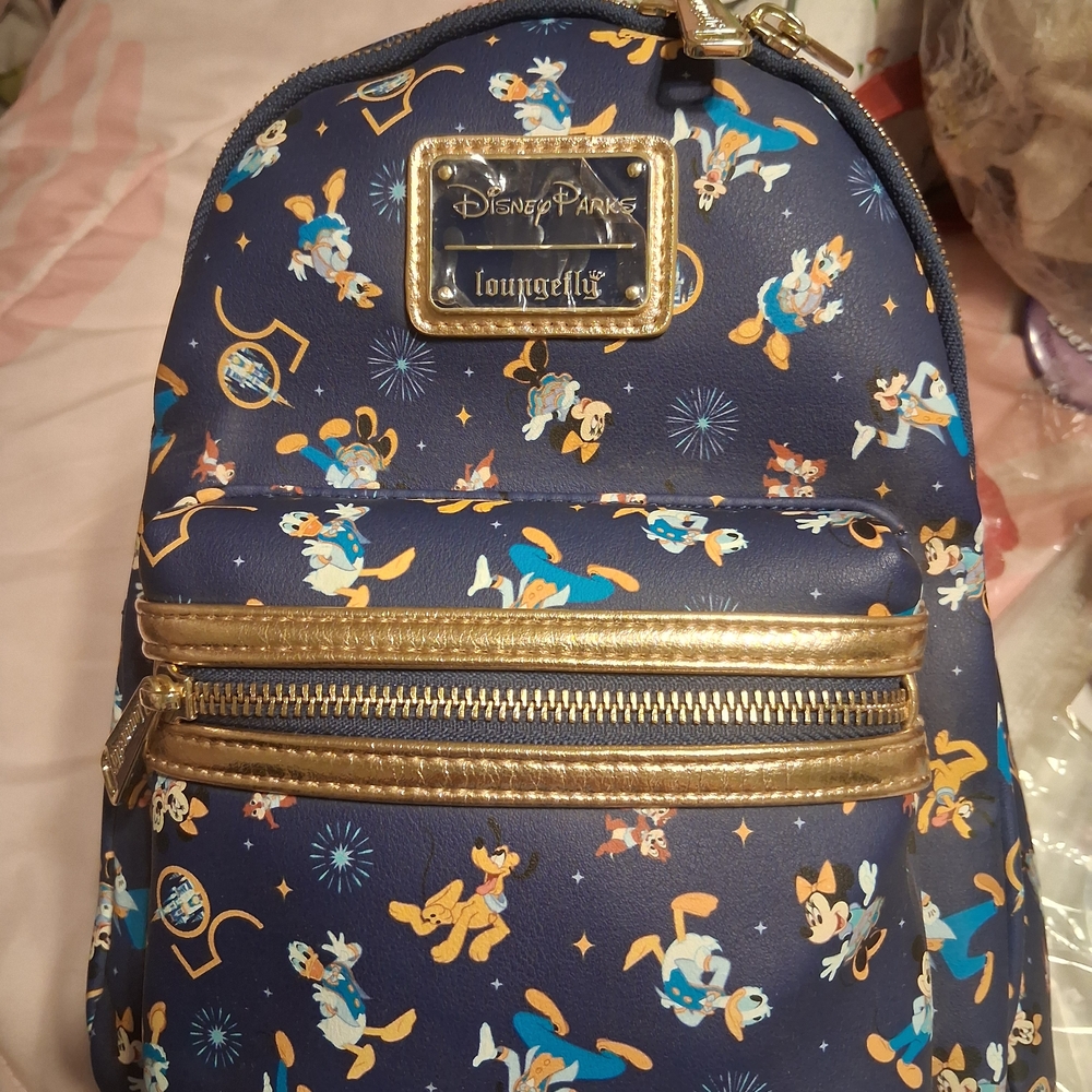 50th Anniversary Loungefly Disney Parks Navy and Gold Character Backpack